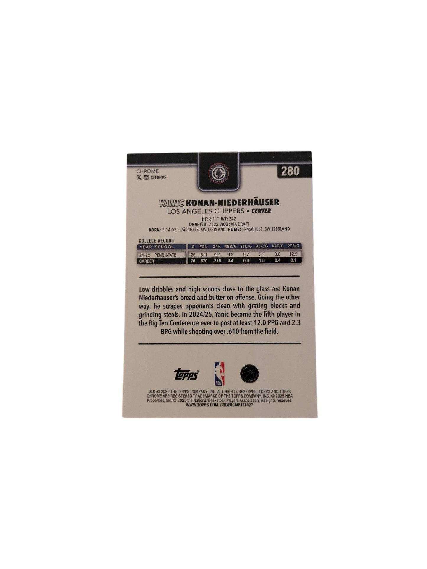 2025/26 Topps Chrome Los Angeles Clippers Yanic Konan Niederhauser #280 Rookie card