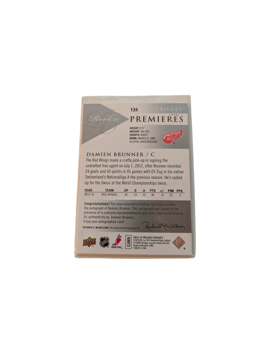 2013 Upper Deck Rookie Premieres Detroit Red Wings Damien Brunner /699 Auto card