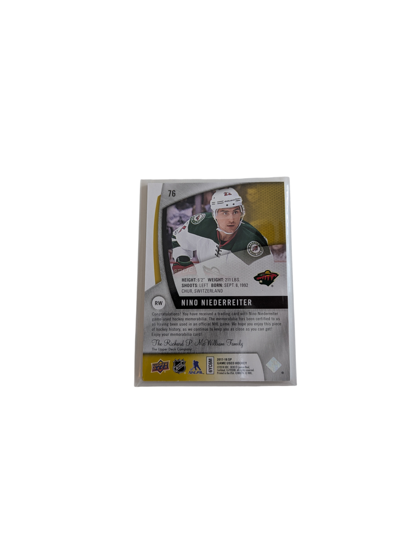 2017 Upper Deck SP Game Used Minnesota Wild Nino Niederreiter Jersey Patch card