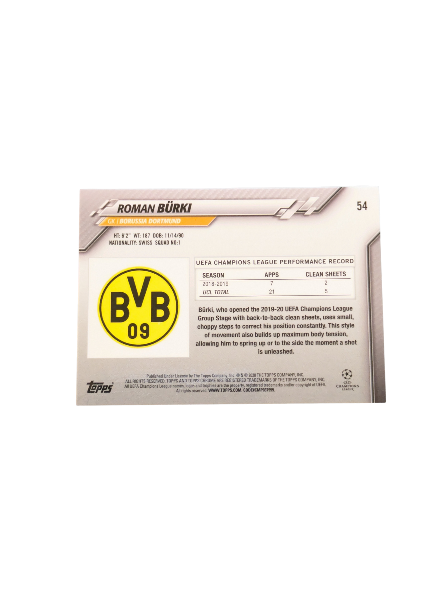 2020 Topps Chrome Borussia Dortmund Roman Bürki #54 card