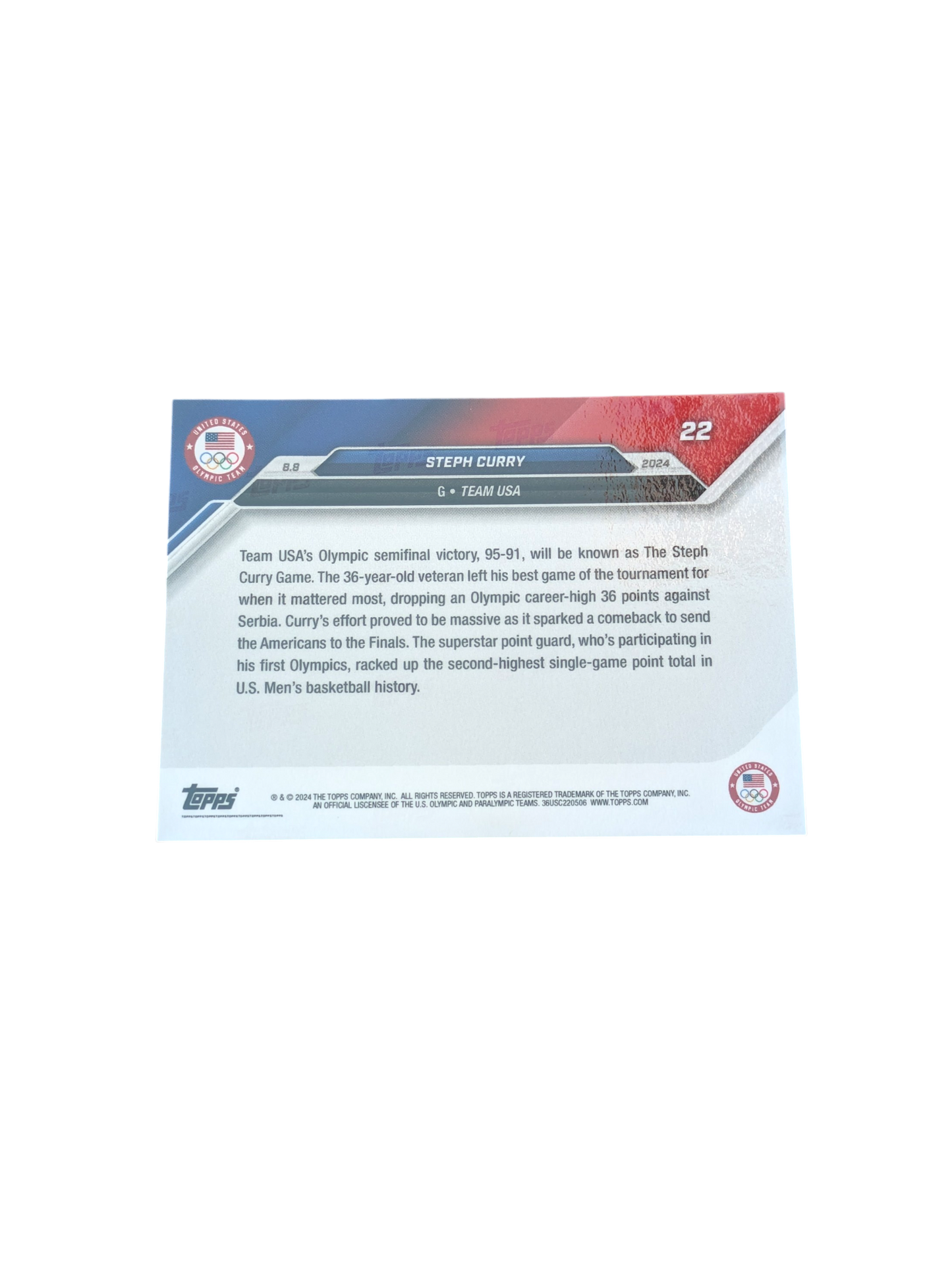 2024 Topps Now Team USA Steph Curry #22 card