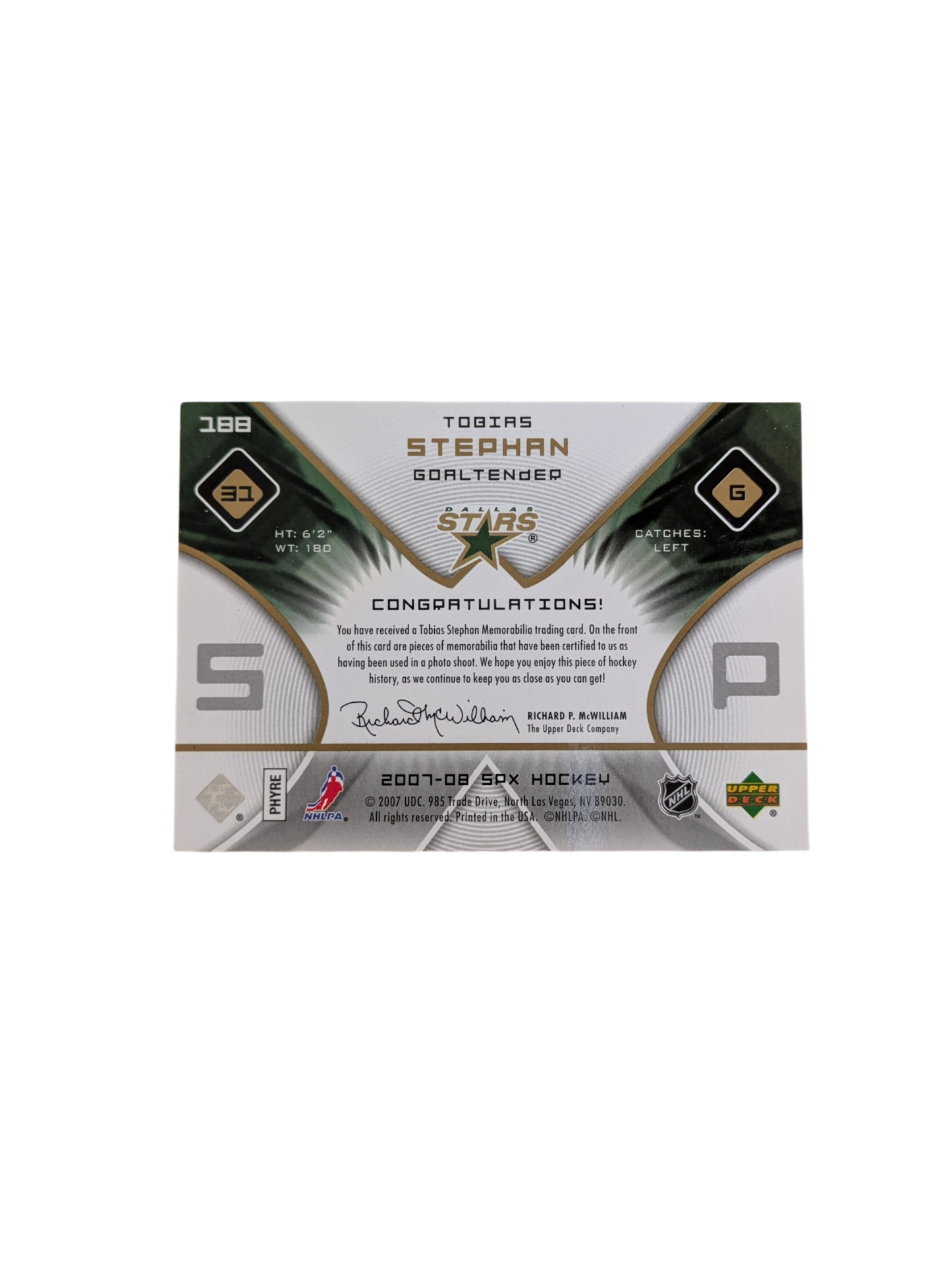 2007 Upper Deck Dallas Stars Tobias Stephan Rookie Patch 0436/1599 card