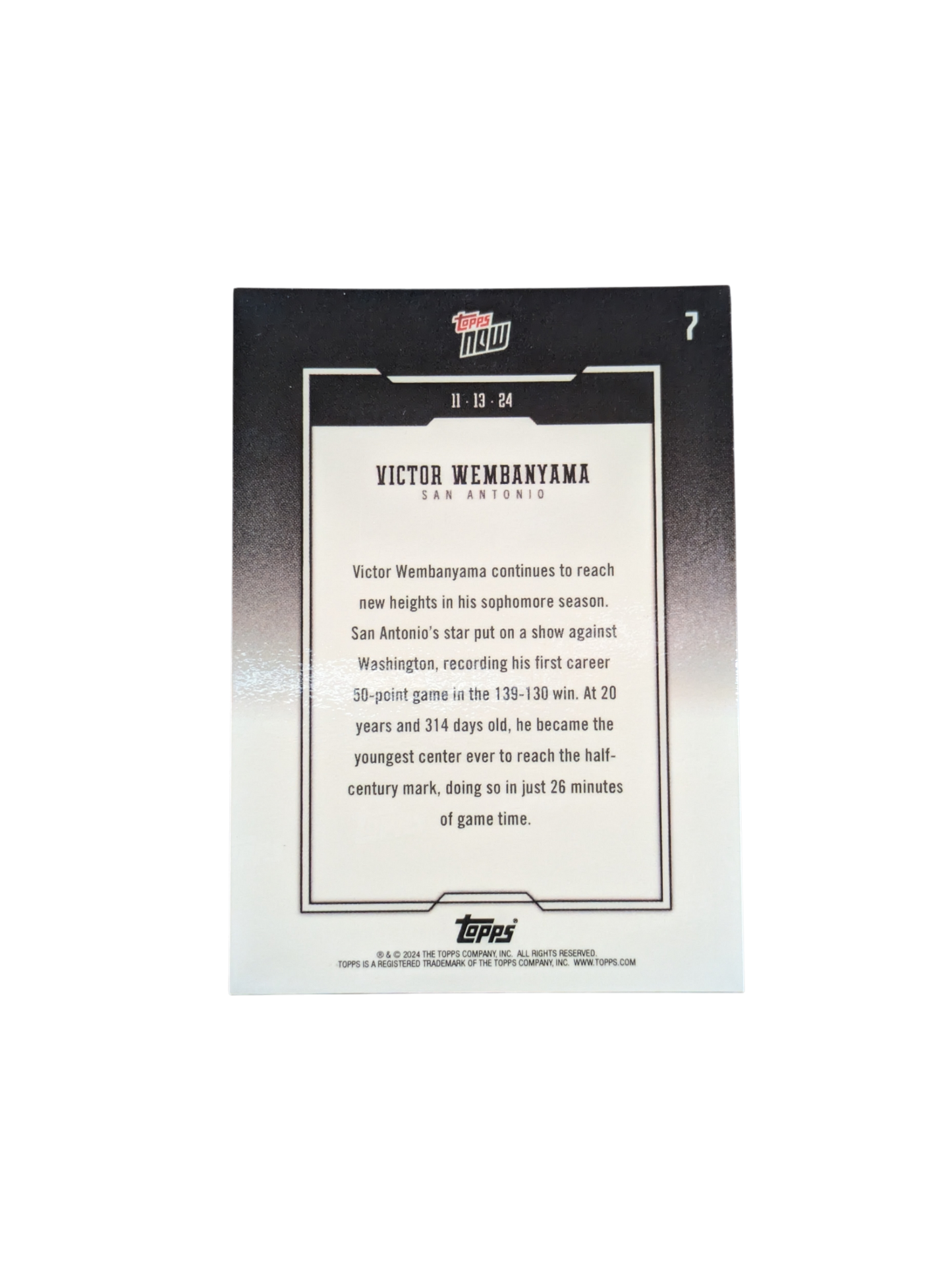 2024 Topps Now San Antonio Spurs Victor Wembanyama 50 Points card
