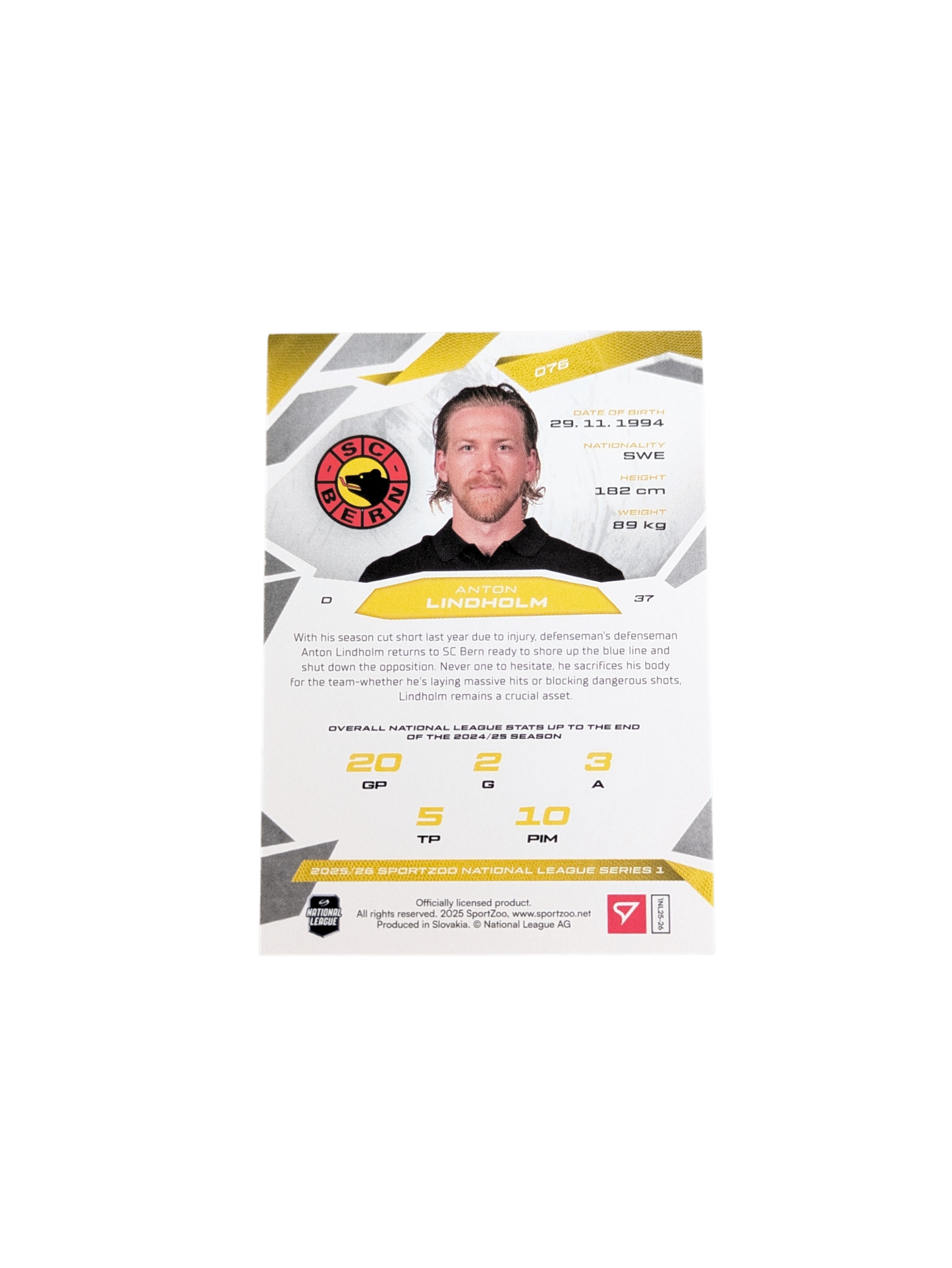 2026 SportZoo National League Bern Anton Lindholm 10/30 card