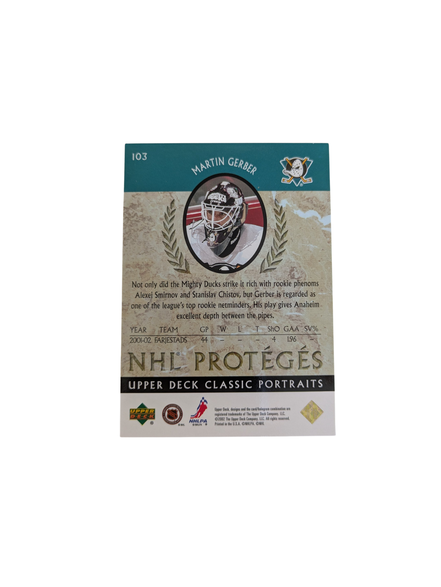 2002 Upper Deck Anaheim Mighty Ducks Martin Gerber NHL Protégés 0105/1500 card