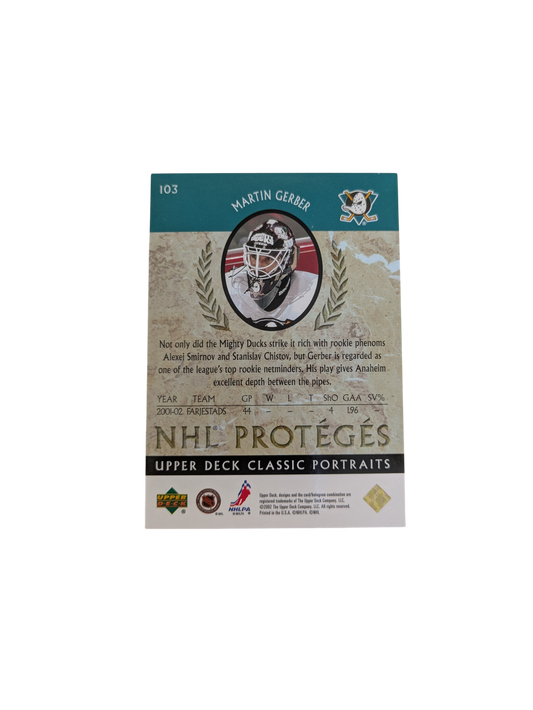 2002 Upper Deck Anaheim Mighty Ducks Martin Gerber NHL Protégés 0105/1500 card