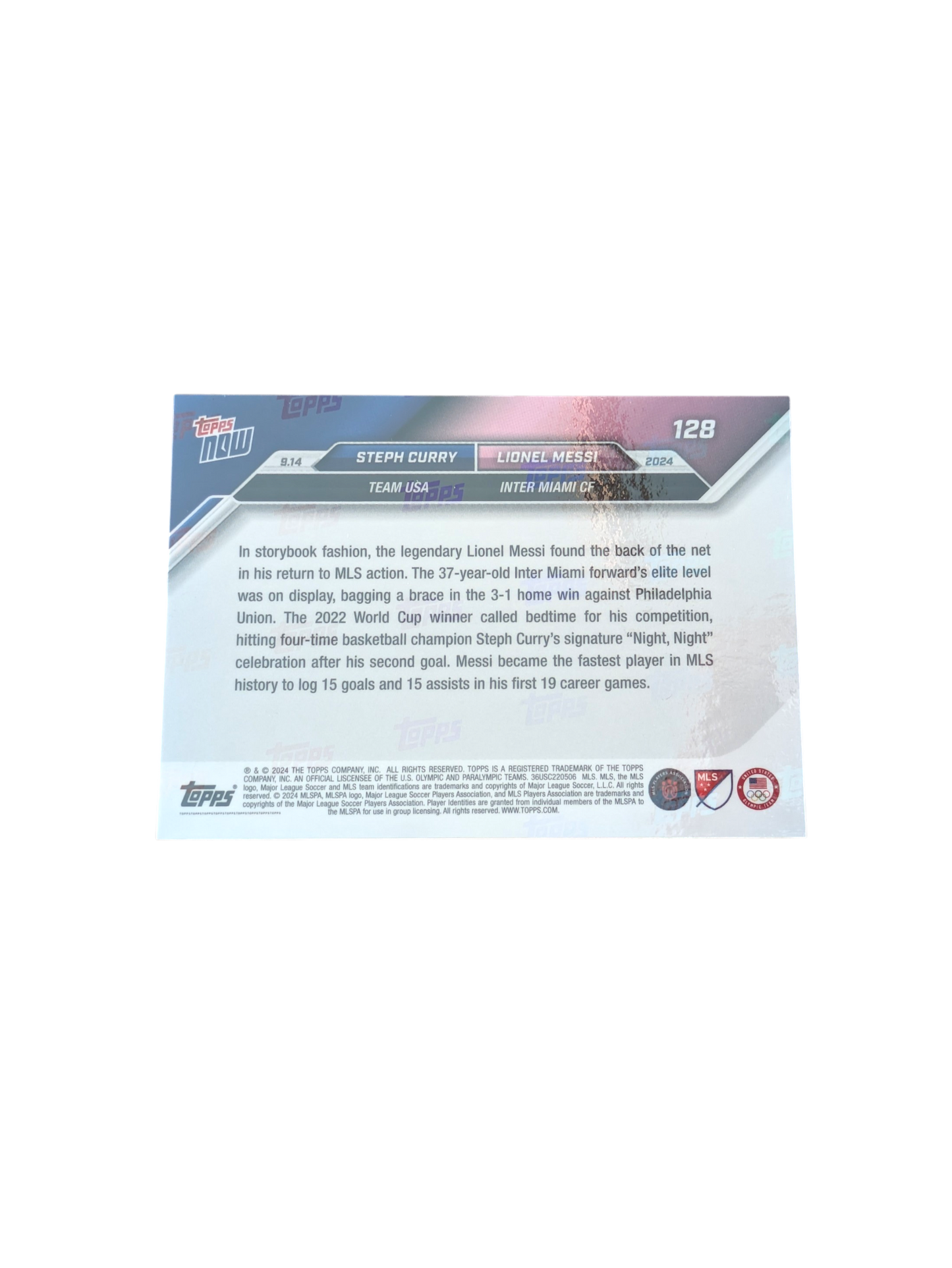 2024 Topps Now Team USA vs Inter Miami Steph Curry vs Lionel Messi Night Night card