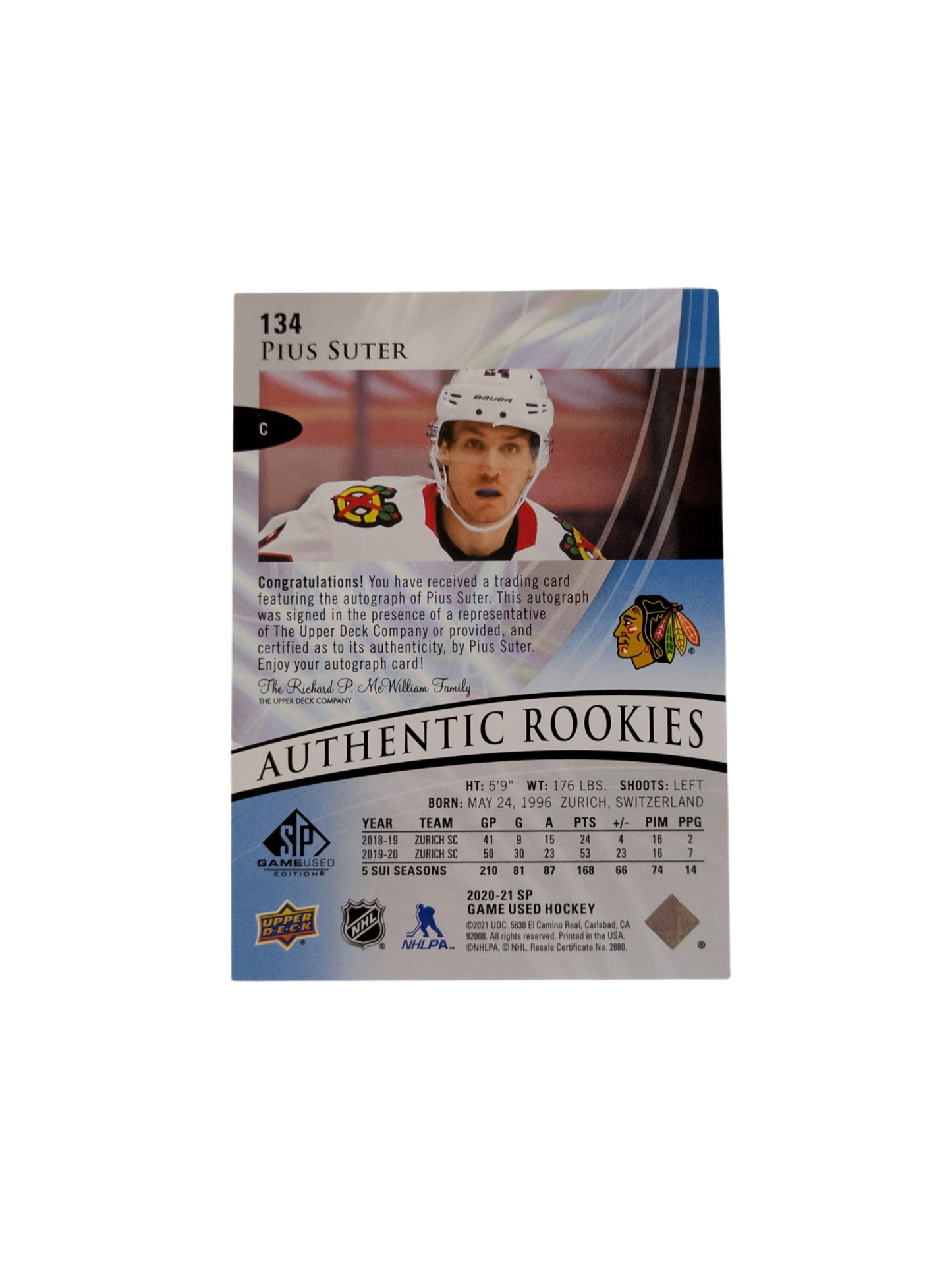 2020-21 Upper Deck Authentic Rookies Chicago Blackhawks Pius Suter Auto Card