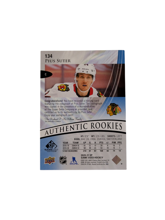 2020-21 Upper Deck Authentic Rookies Chicago Blackhawks Pius Suter Auto Card