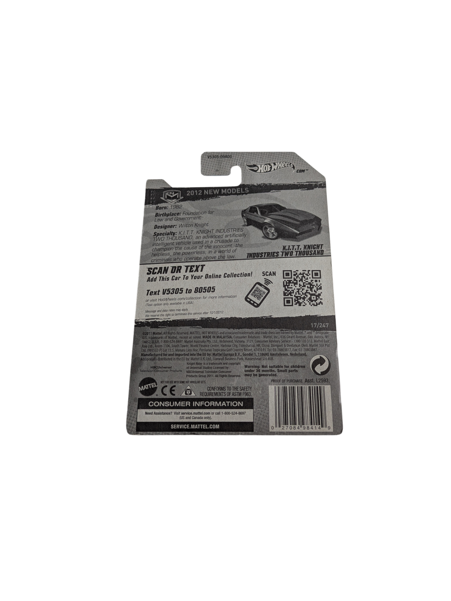 2011 Mattel Hot Wheels Knight Rider KITT Knight Industries Two Thousand Car Model