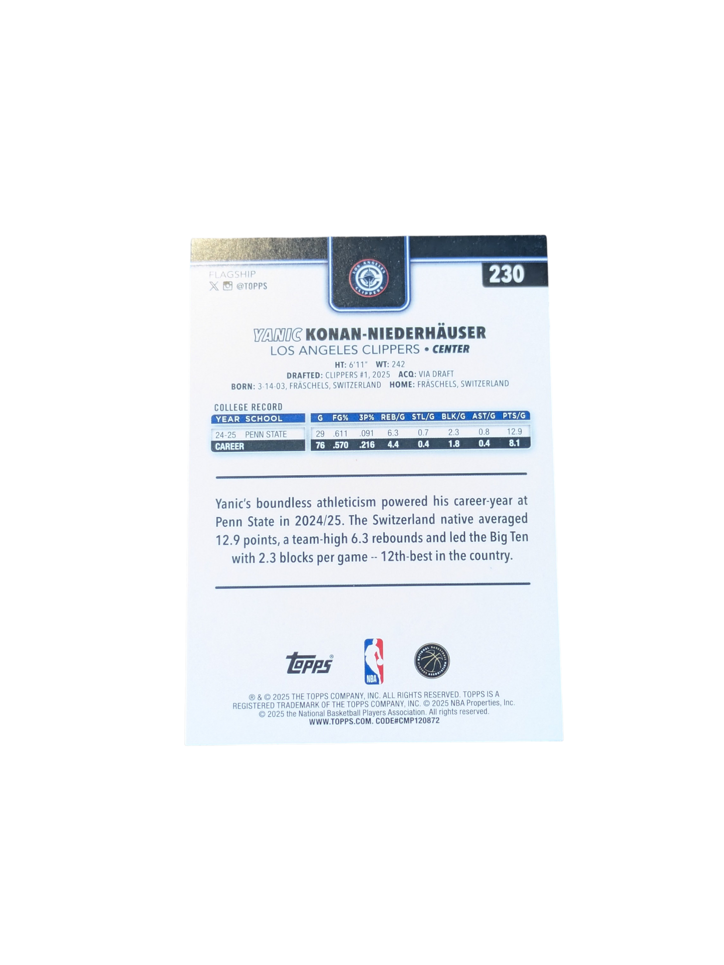 2025/26 Topps Flagship Los Angeles Clippers Yanic Konan Niederhauser #230 Rookie card
