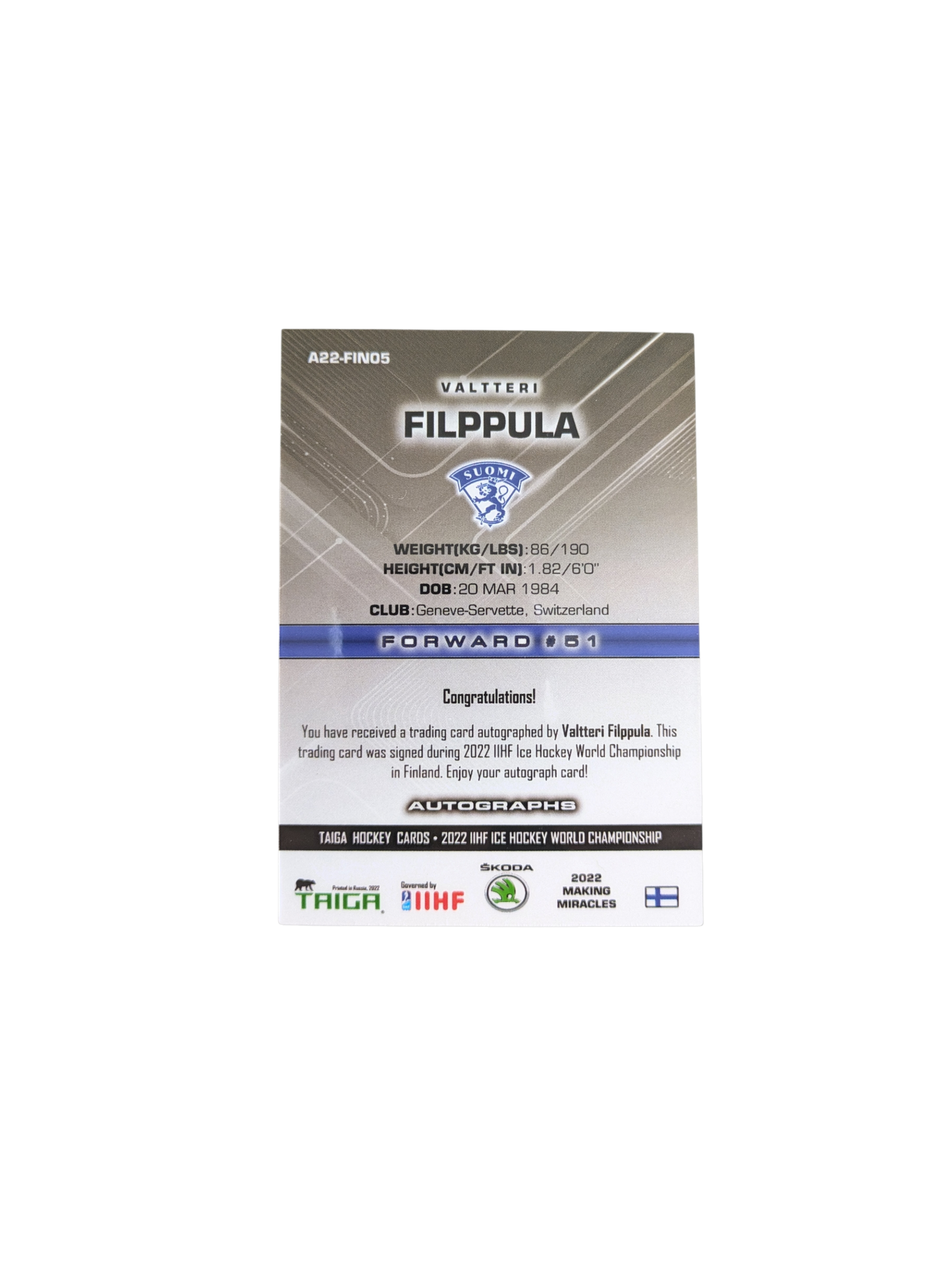 2022 Taiga Hockey Cards Finland Suomi Valtteri Filppula Auto 1/5 card
