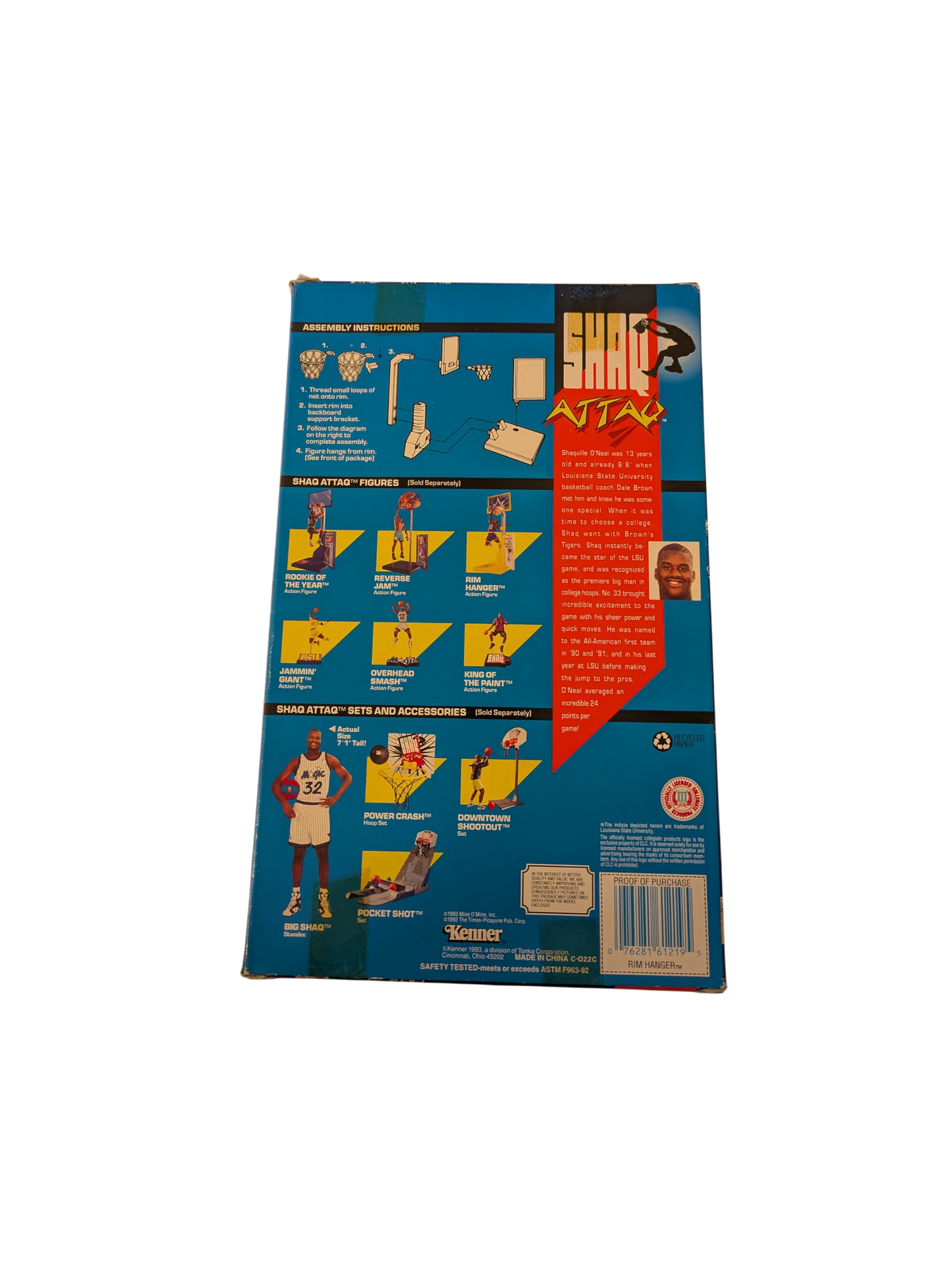 1993 Kenner Shaq Attaq LSU Shaquille O'Neal Rim Hanger Action Figure