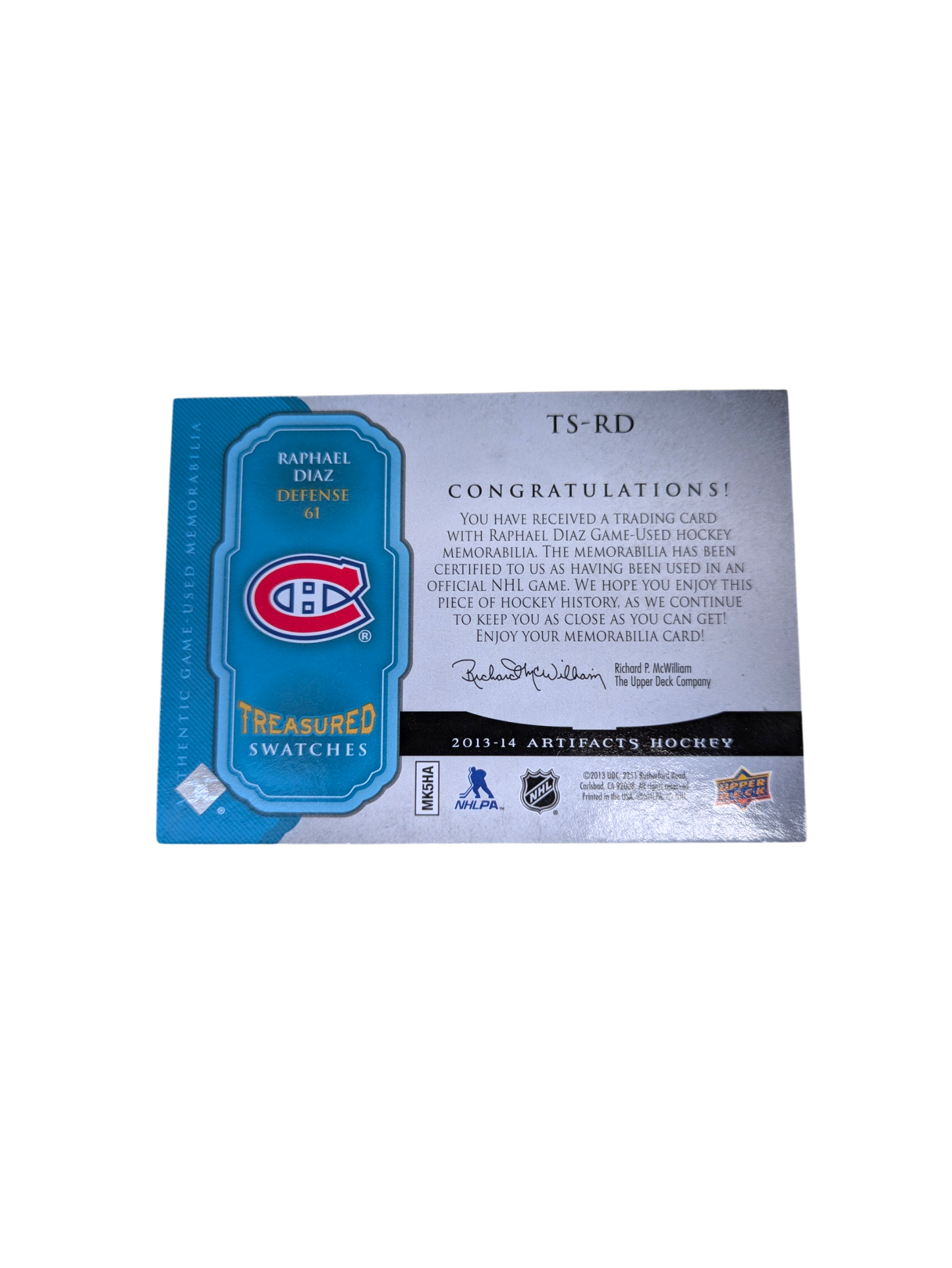 2013 Upper Deck Artifacts Treasured Swatches Montreal Canadiens Raphael Diaz Patch card