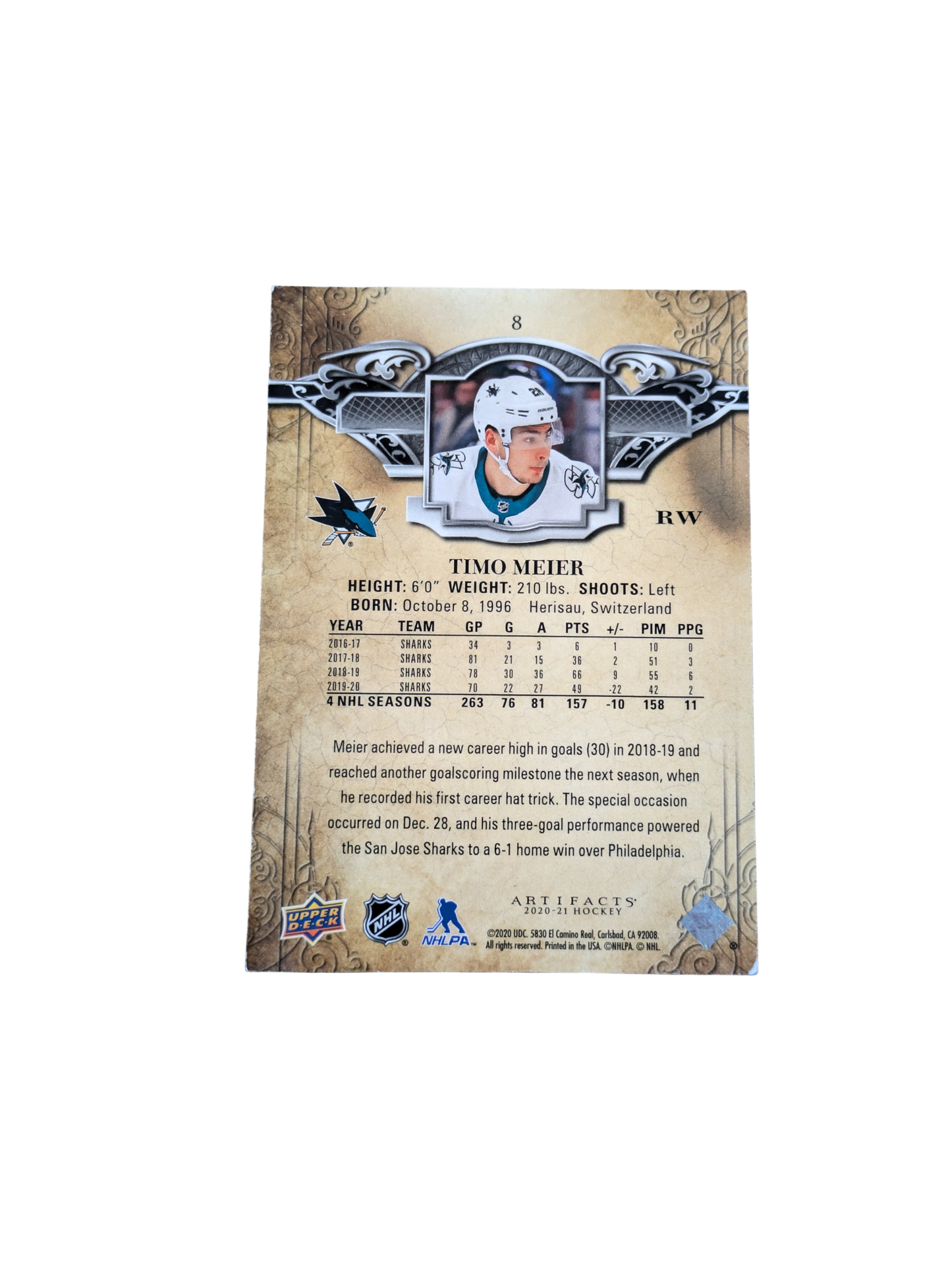 2020 Upper Deck Artifacts San Jose Shark Timo Meier #8 card