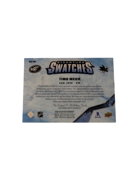 2022 Upper Deck Signature Swatches San Jose Shark Timo Meier Auto Card