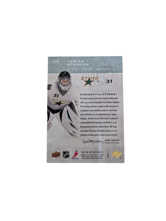 2007 Upper Deck Dallas Stars Tobias Stephan The Cup Auto Patch 225/249 card