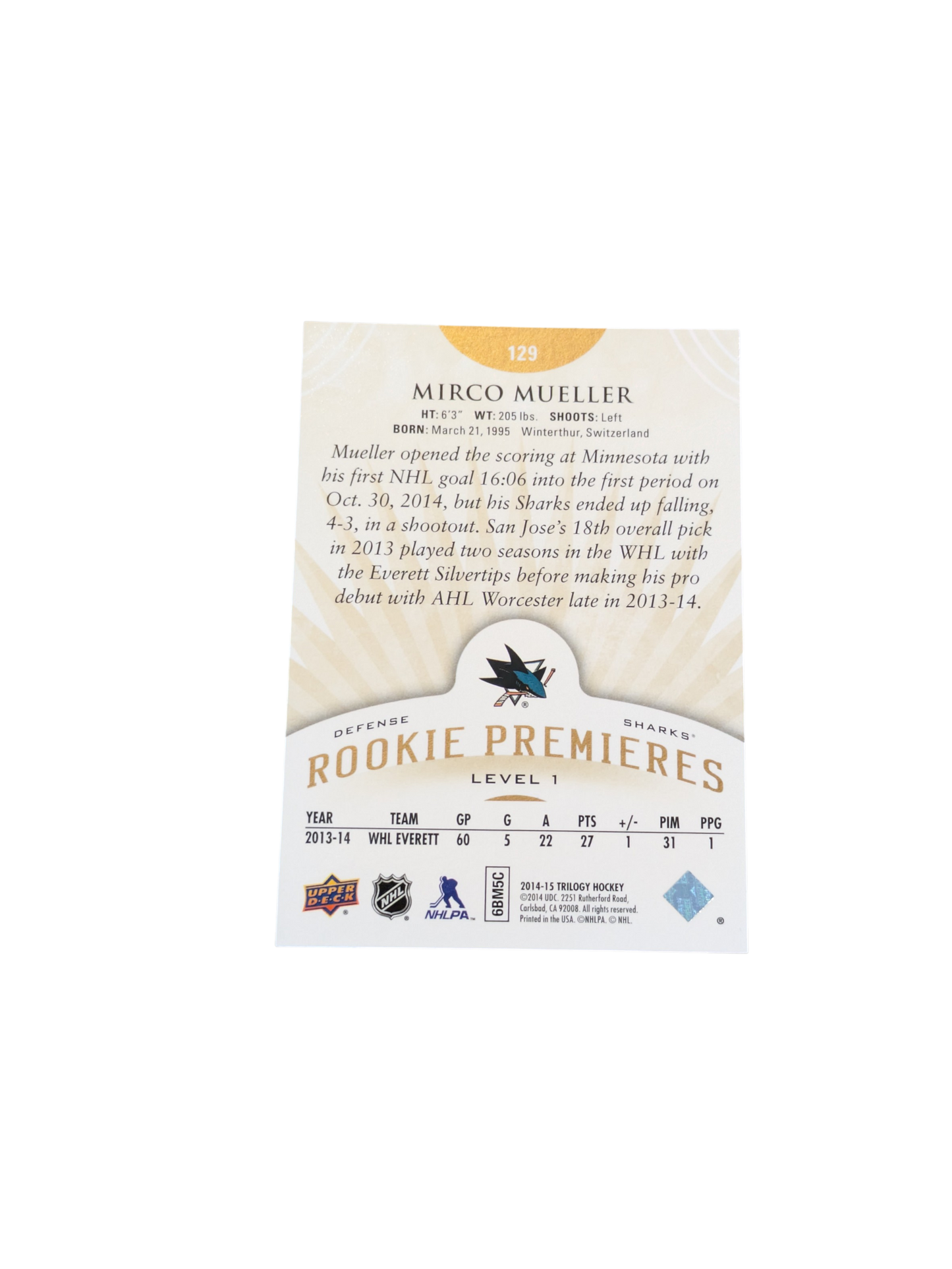 2014 Upper Deck Rookie Premiers San Jose Sharks Mirco Mueller 128/799 card