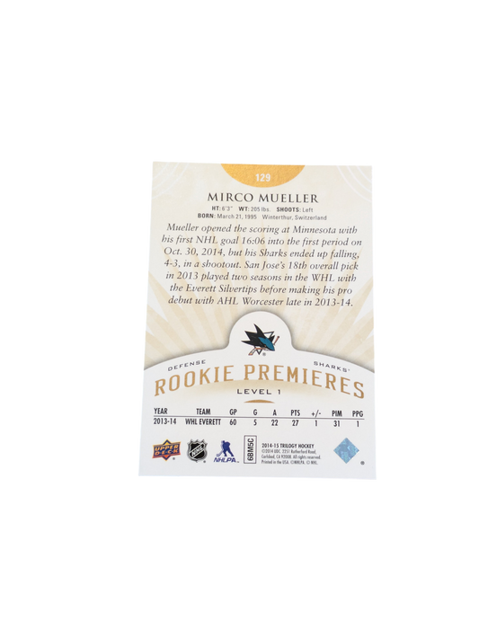 2014 Upper Deck Rookie Premiers San Jose Sharks Mirco Mueller 128/799 card