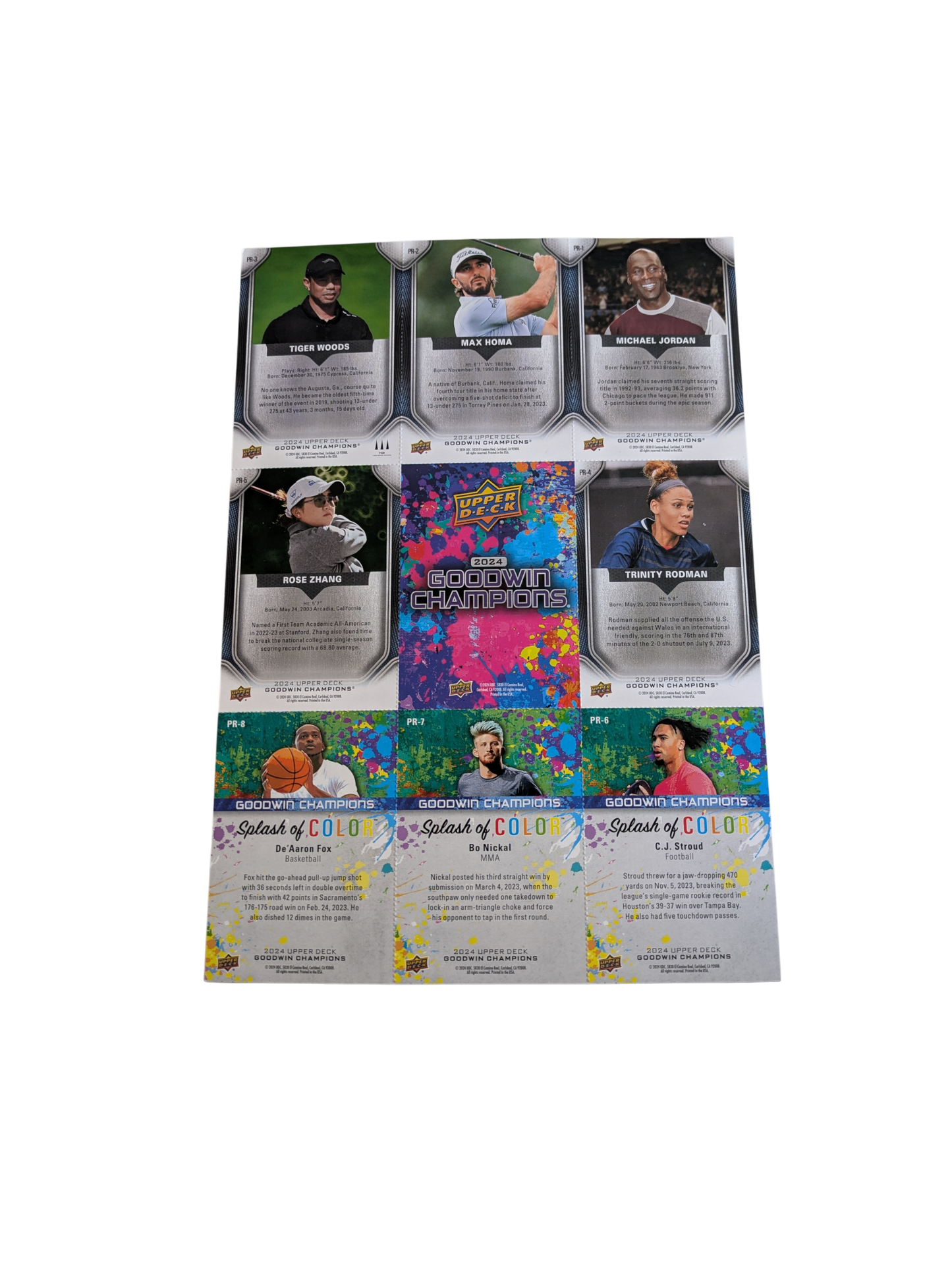 2024 Upper Deck Goodwin Champions Promo Cards Jordan, Homa, Woods, Rodman, Zhang, Stroud, Nickal & Fox