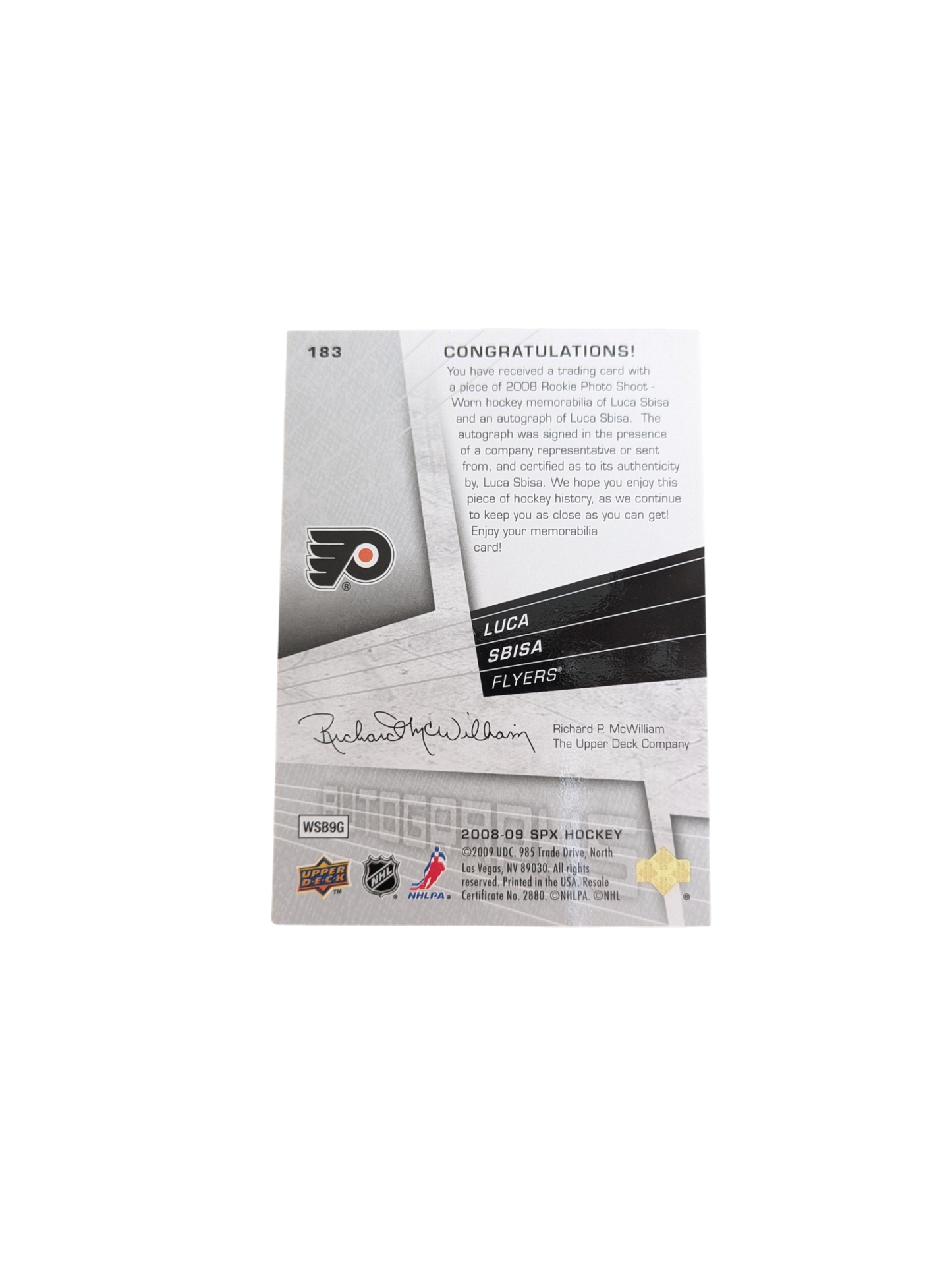 2008 Upper Deck SP Philadelphia Flyers Luca Sbisa Auto Patch card