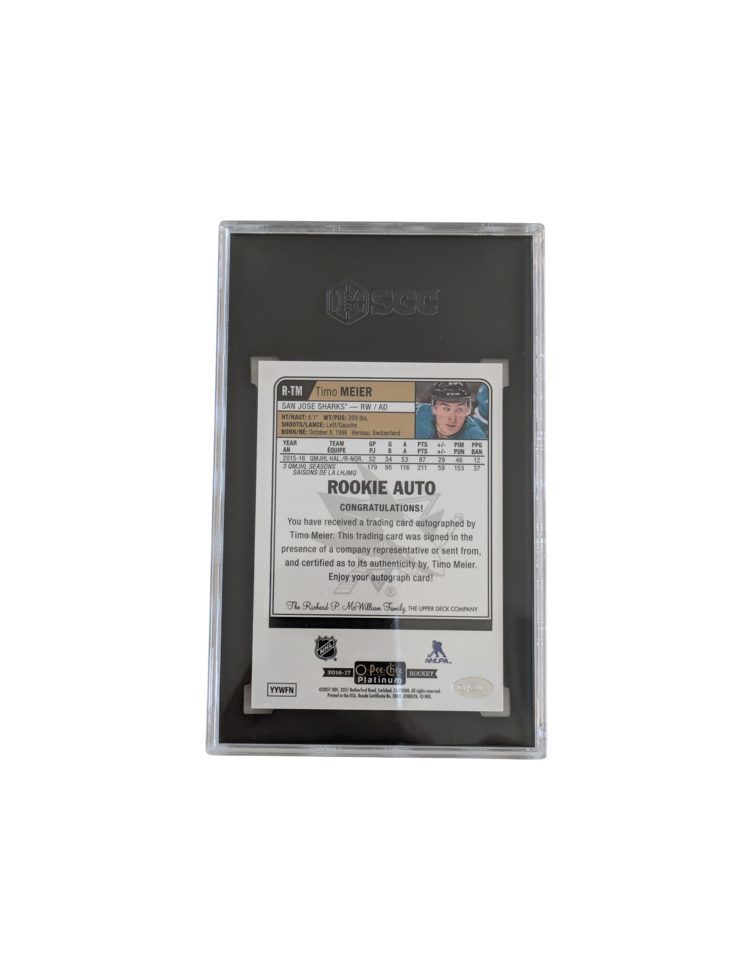 2016 Upper Deck O-Pee-Chee Platinum Timo Meier SGC Auto Rookie Card