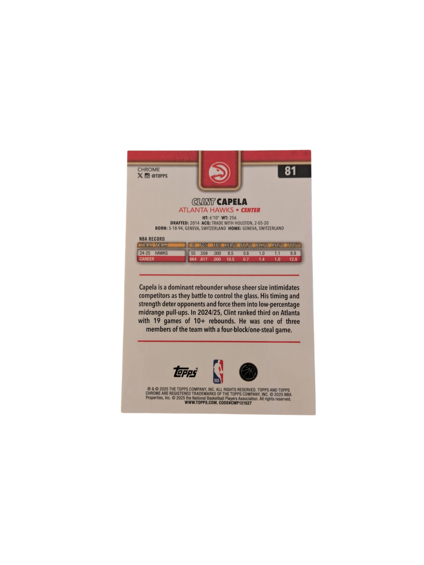 2025/26 Topps Chrome Atlanta Hawks Clint Capela #81 card