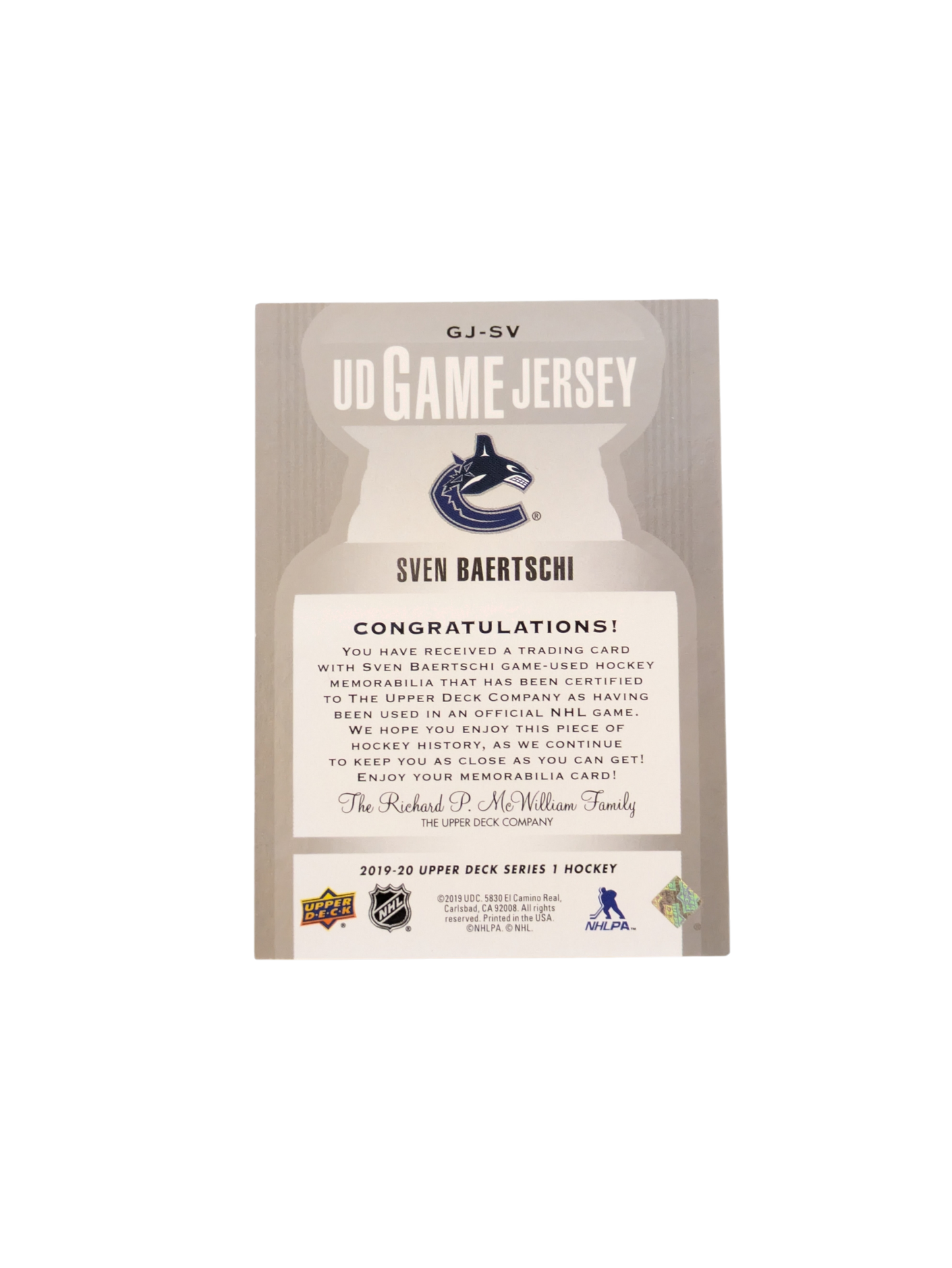 2019 Upper Deck UD Game Jersey NHL Vancouver Canucks Sven Baertschi Patch card