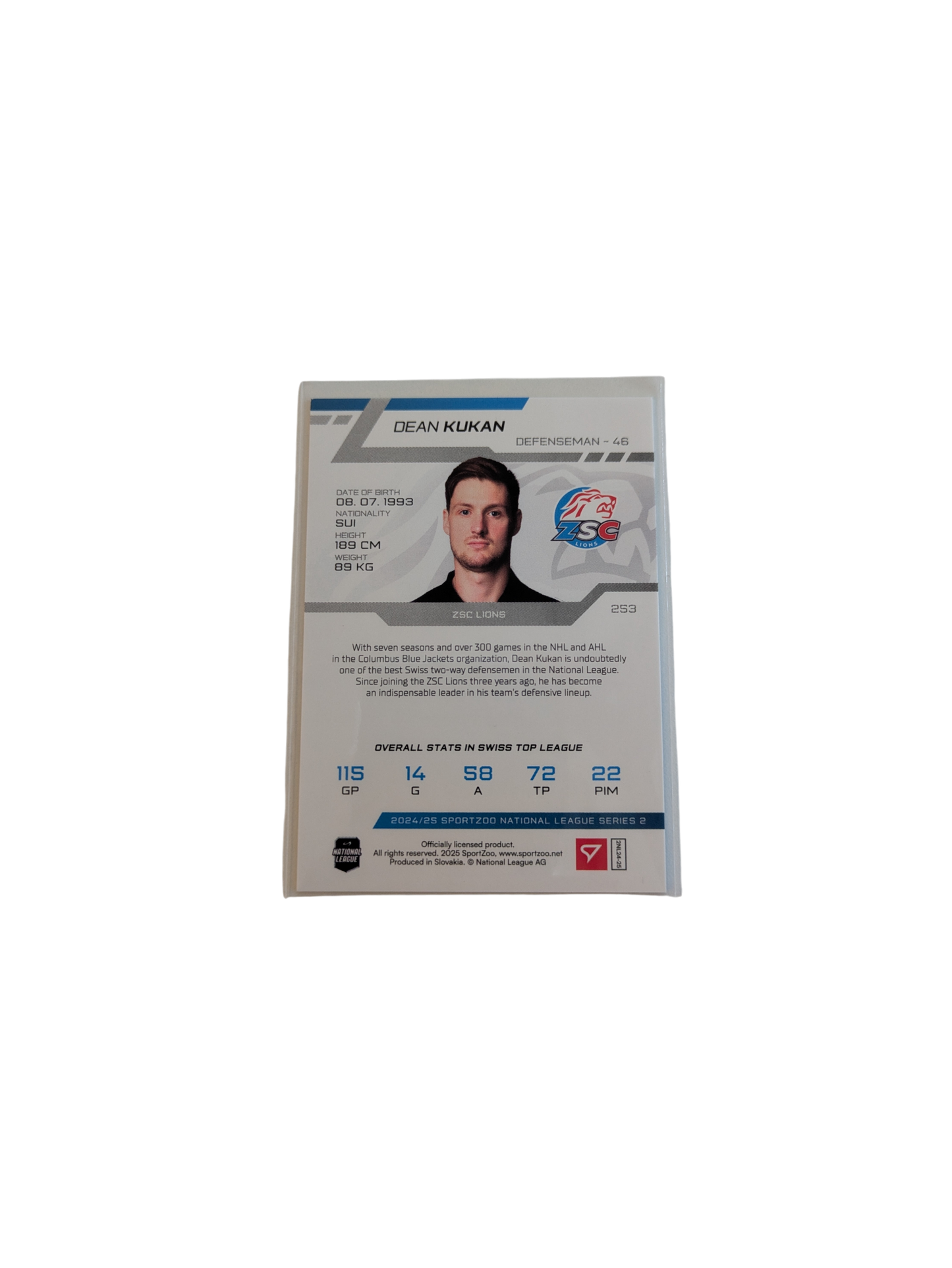 2025 SportZoo National League ZSC Lions Dean Kukan 09/30 Blue card