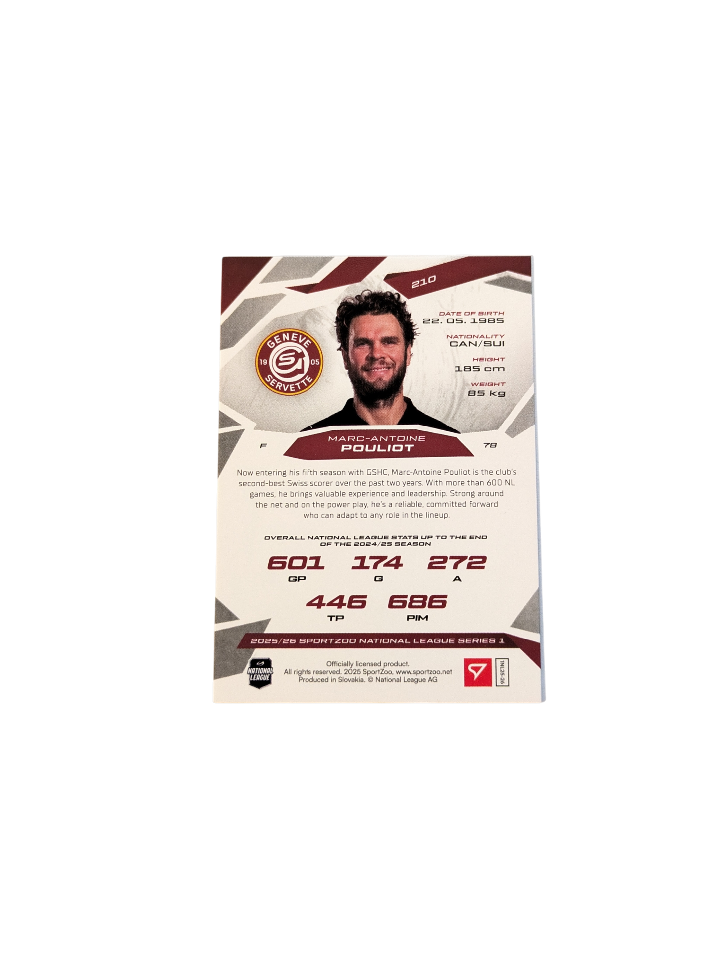 2026 SportZoo National League Genève Servette Marc-Antoine Pouliot 18/20 Red card