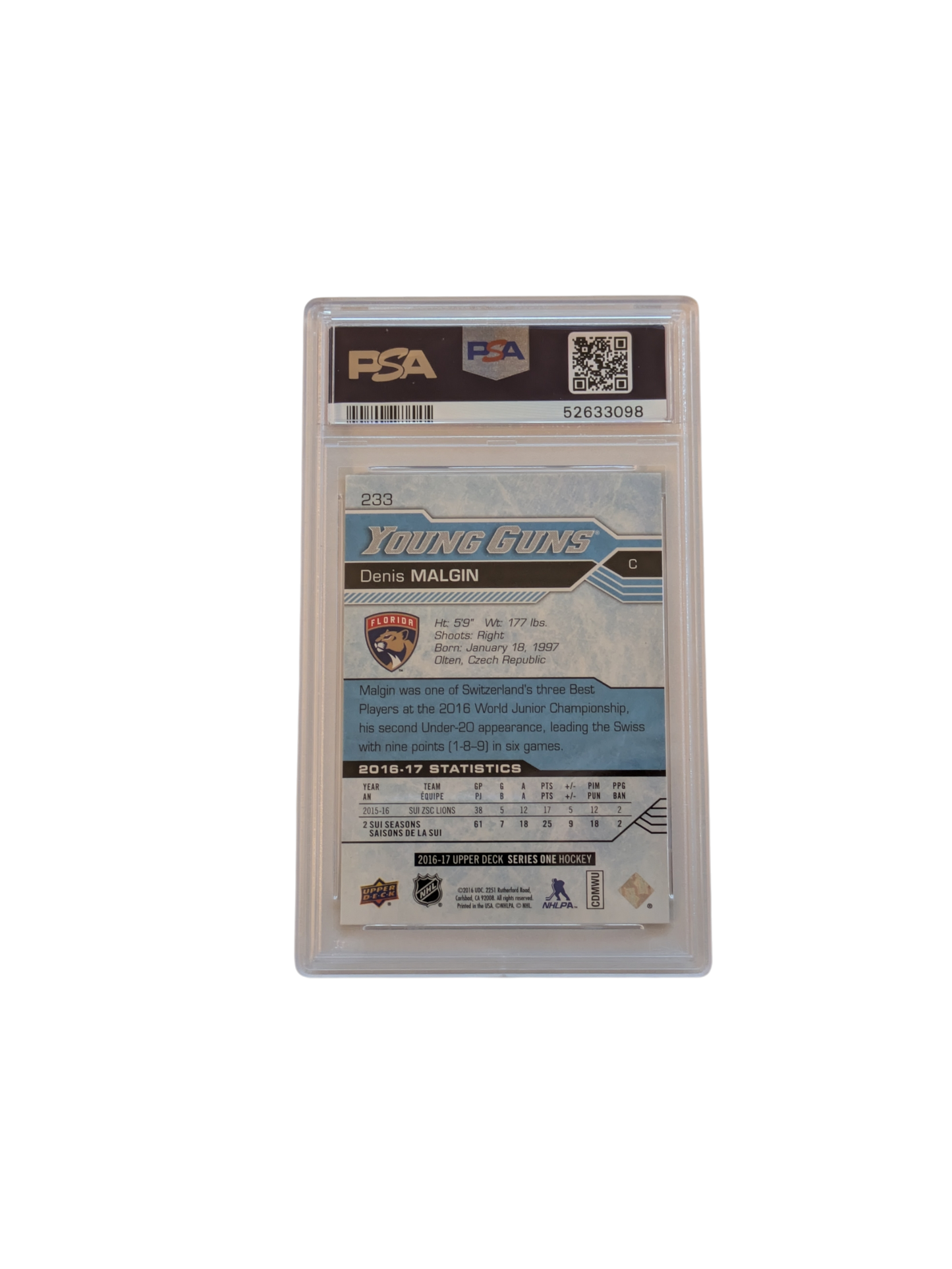 2016 Upper Deck Young Guns Flordia Panthers Denis Malgin PSA Card