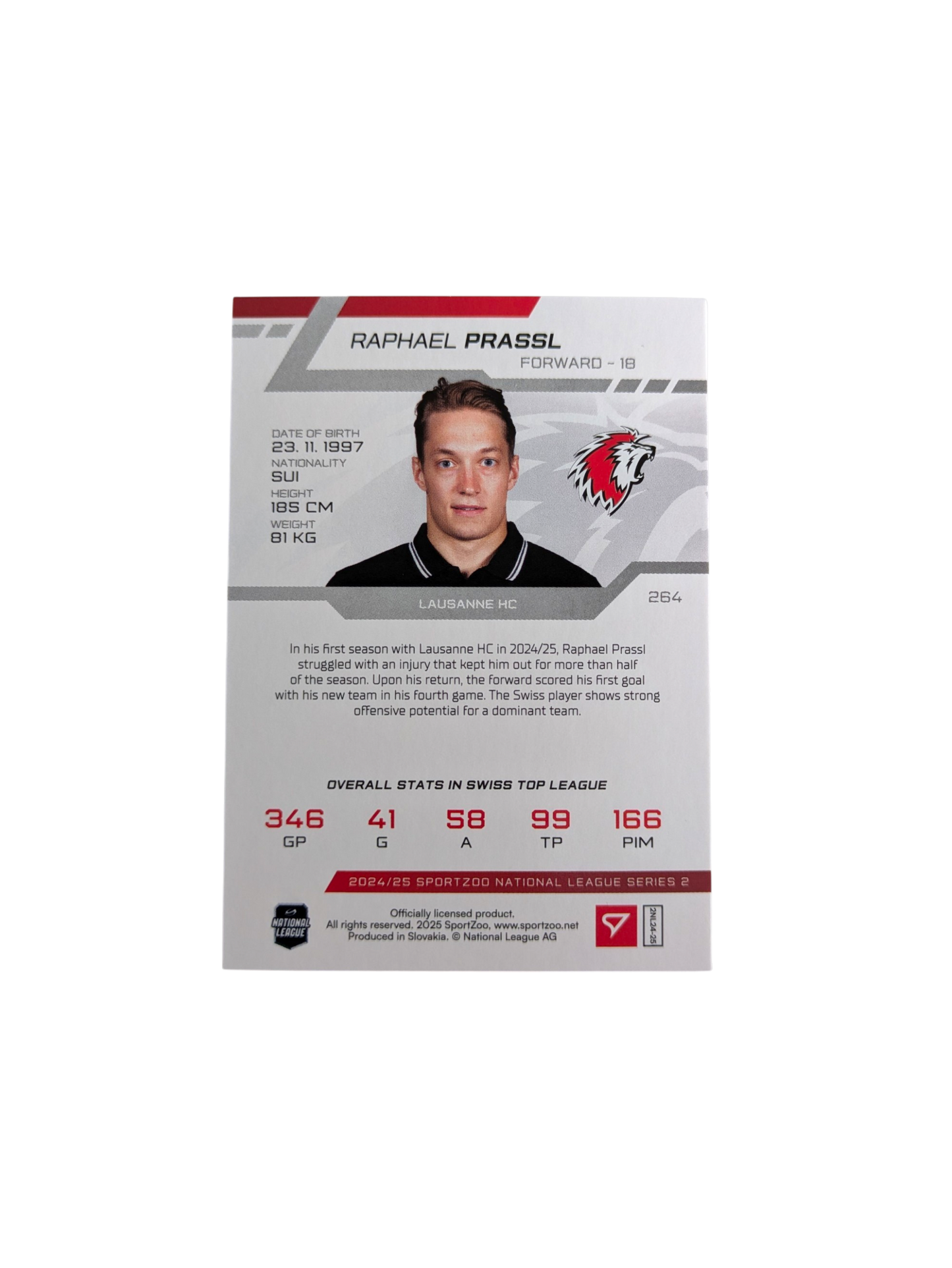2025 SportZoo National League Series 2 Lausanne HC Raphael Prassl 1/1 card