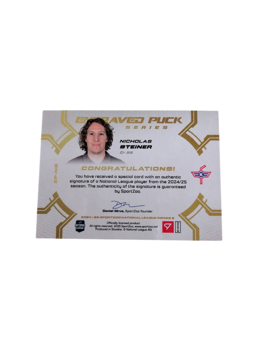 2025 SportZoo National League Series 2 Kloten Engraved Puck Nicholas Steiner 09/20 card