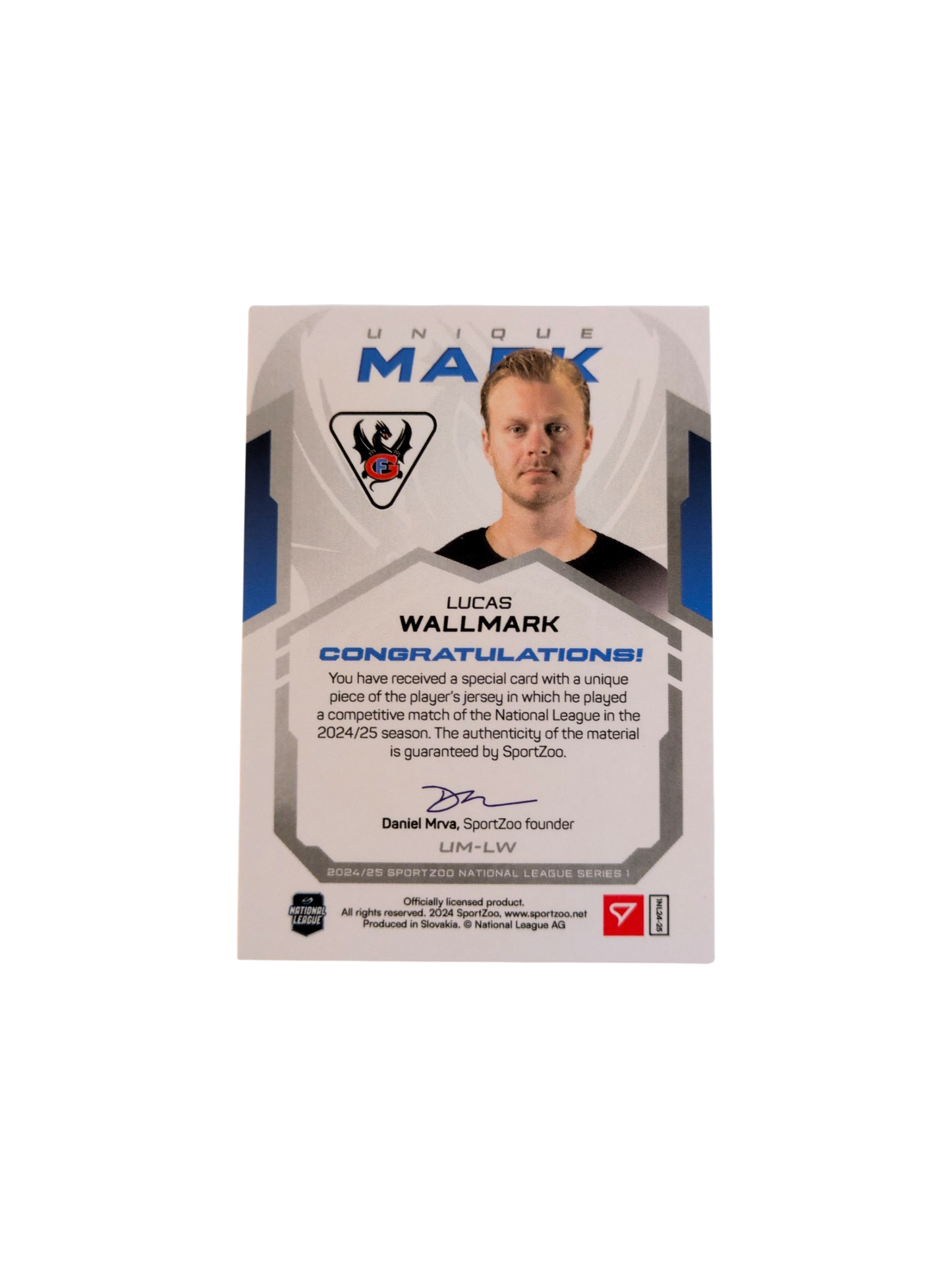 2024 SportZoo National League Fribourg Gotteron Lucas Wallmark Logo Patch 07/17 card