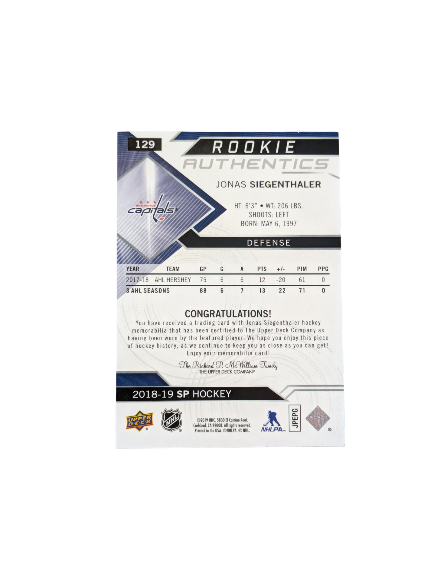 2018 Upper Deck Rookie Authentics Washington Capials Jonas Siegenthaler Patch card