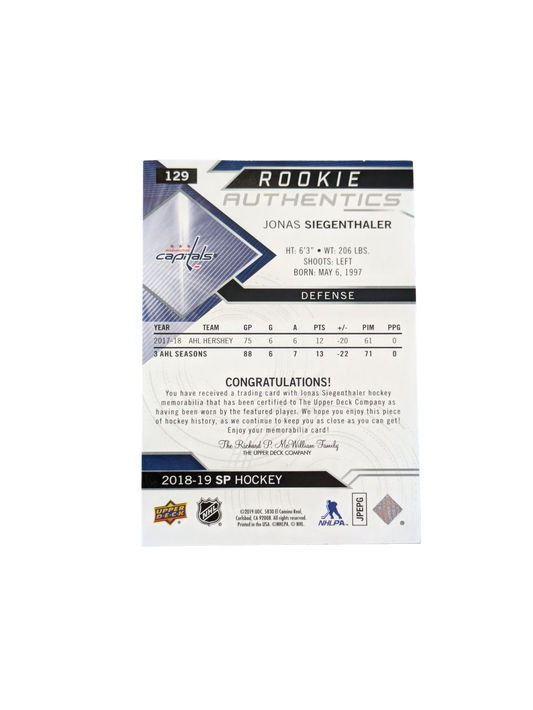 2018 Upper Deck Rookie Authentics Washington Capials Jonas Siegenthaler Patch card