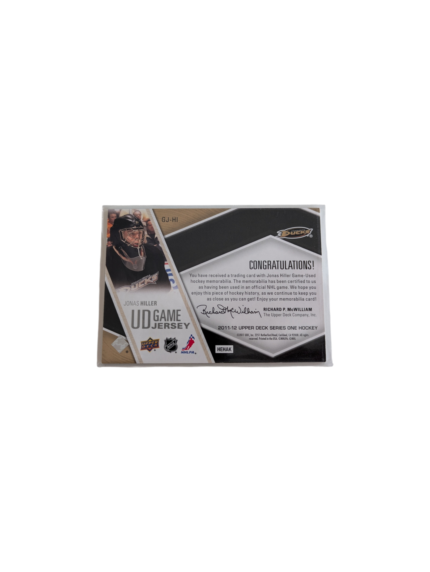 2011 Upper Deck Game Jersey Anaheim Ducks Jonas Hiller Patch GJ-HI card