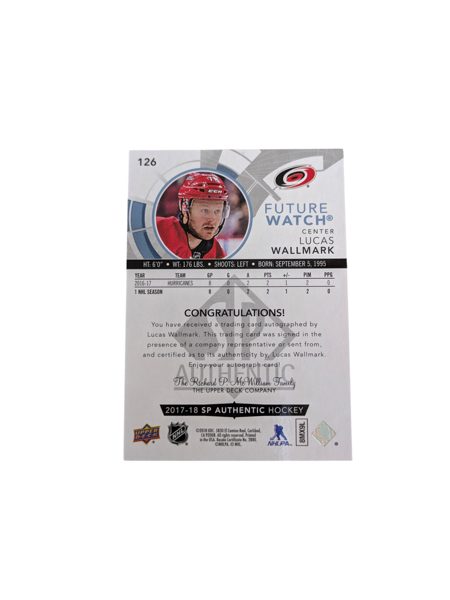 2017-18 Upper Deck Future Watch Carolina Hurricanes Lucas Wallmark 096/999 Auto card