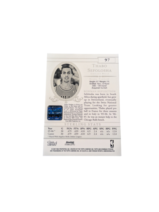 2007 Topps Bowman Sterling Chicago Bulls Thabo Sefolosha Auto + Patch Card