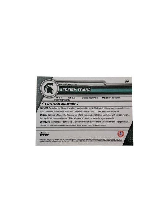 2024 Topps Bowman U Chrome Jeremy Fears Junior #56 Purple Card