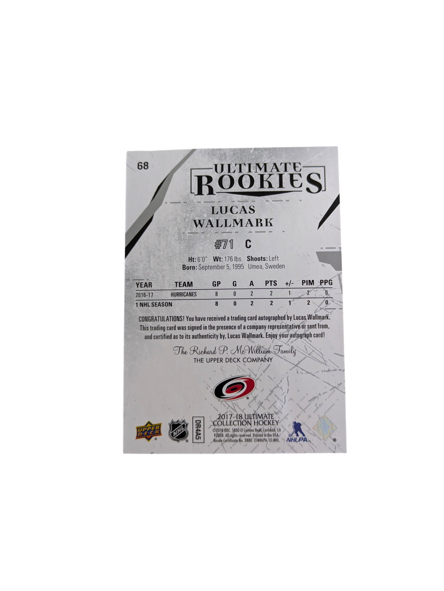 2017-18 Upper Deck Ulimate Rookies Carolina Hurricanes Lucas Wallmark 002/399 Auto card