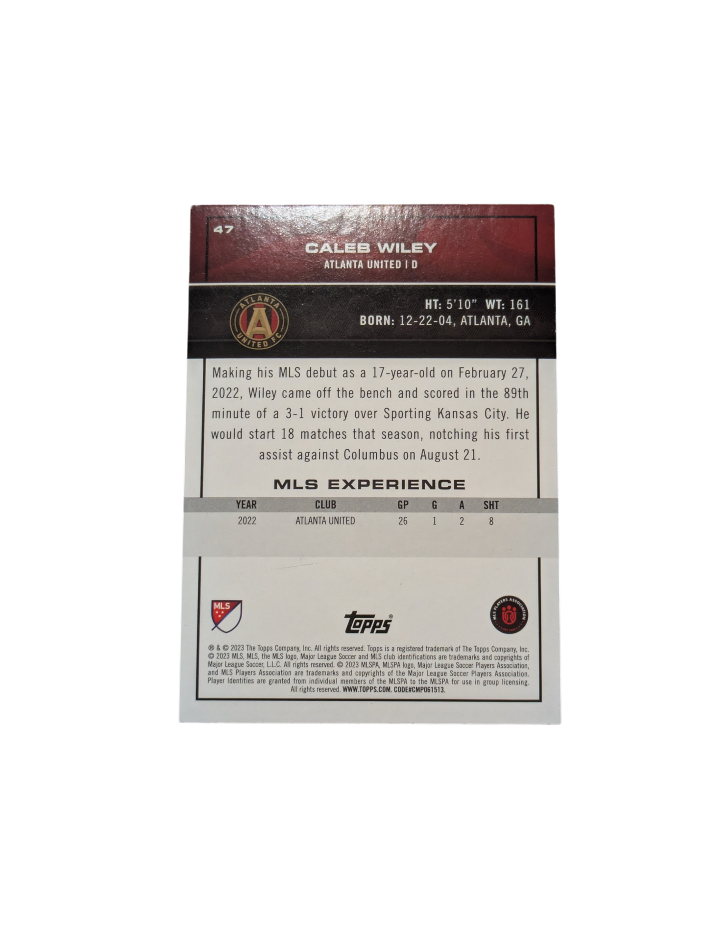 2023 Topps MLS Soccer Atlanta United Caleb Wiley 01/10 card
