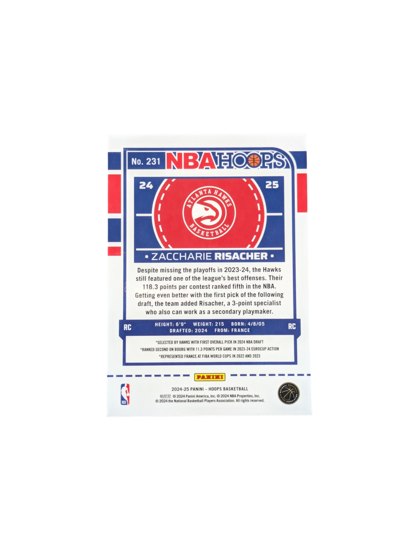 2024 Panini NBA Hoops Atlanta Hawks Zaccharie Risacher #231 Chrome Rookie card