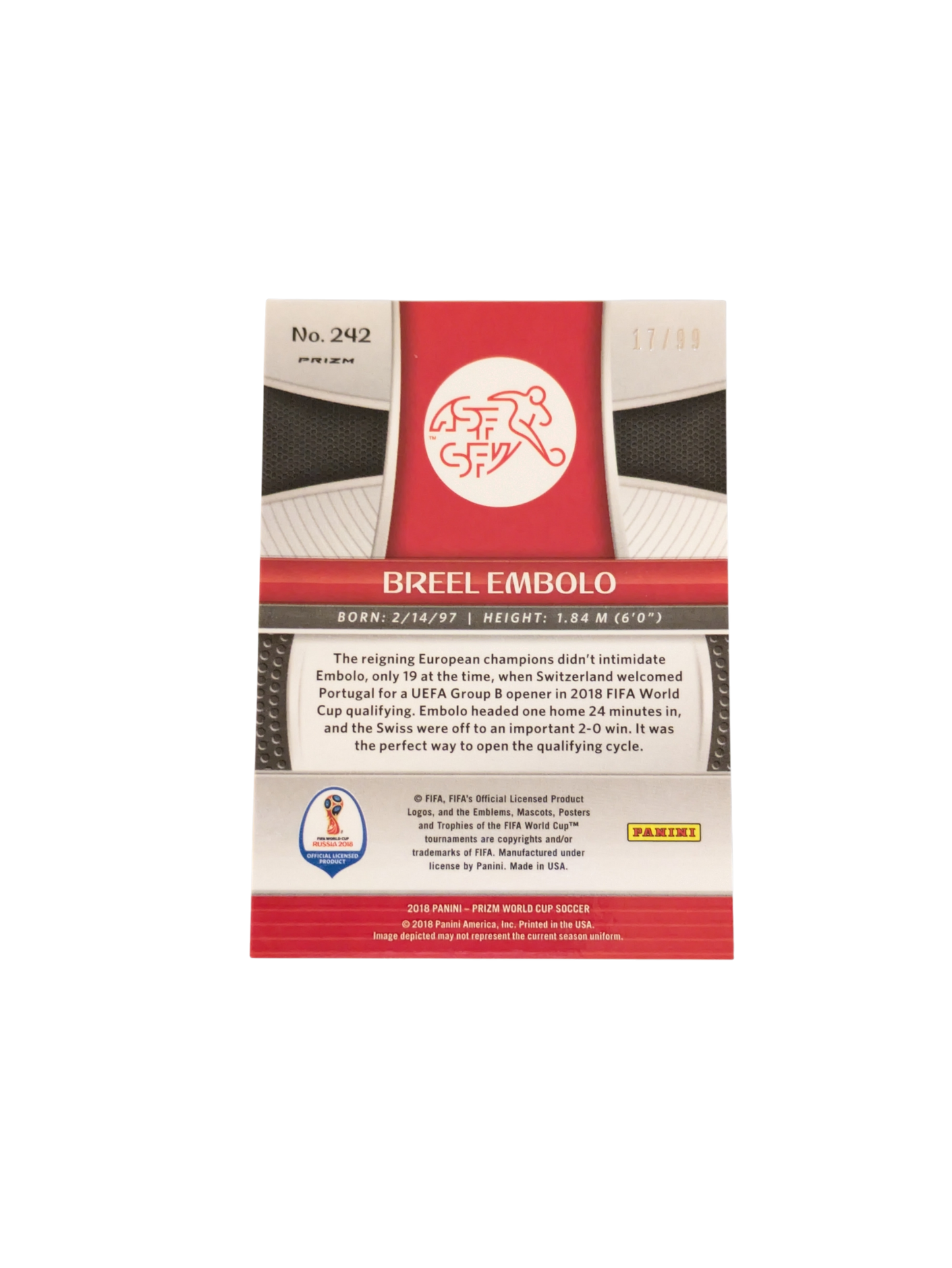 2018 Panini Prizm FIFA World Cup Russia Switzerland Breel Embolo #242 17/99 card