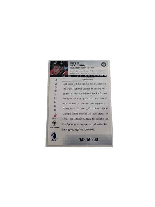 2000 In The Game Be a Player Memorabilia Chicago Blackhawks Reto von Arx 143/200 Card