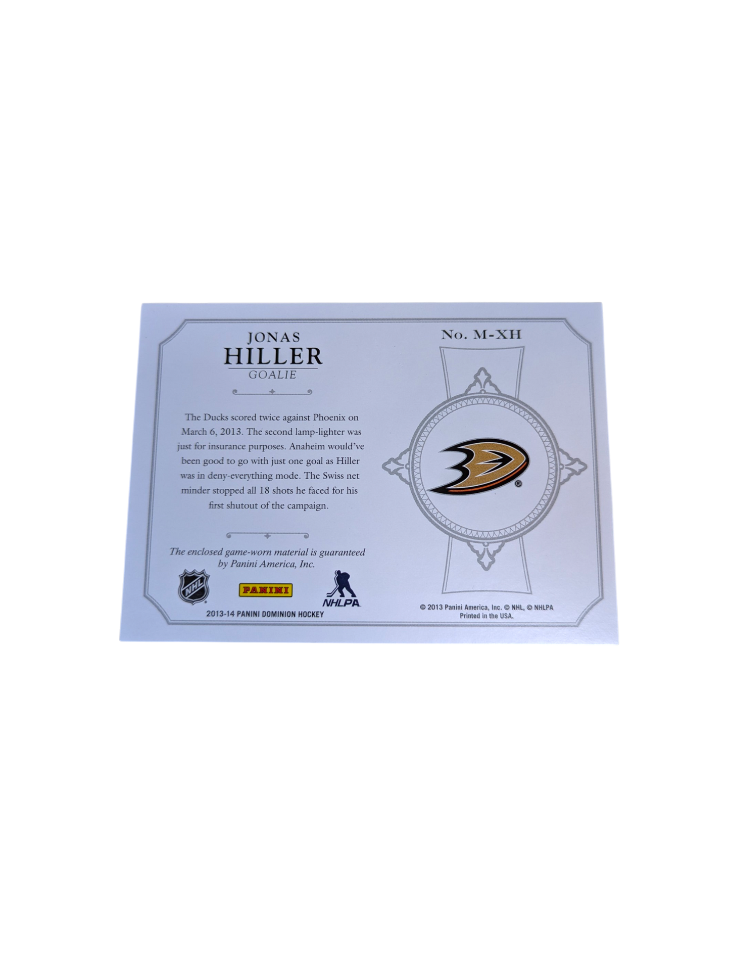 2013 Panini Mammoth Anaheim Ducks Jonas Hiller Patch 06/50 card