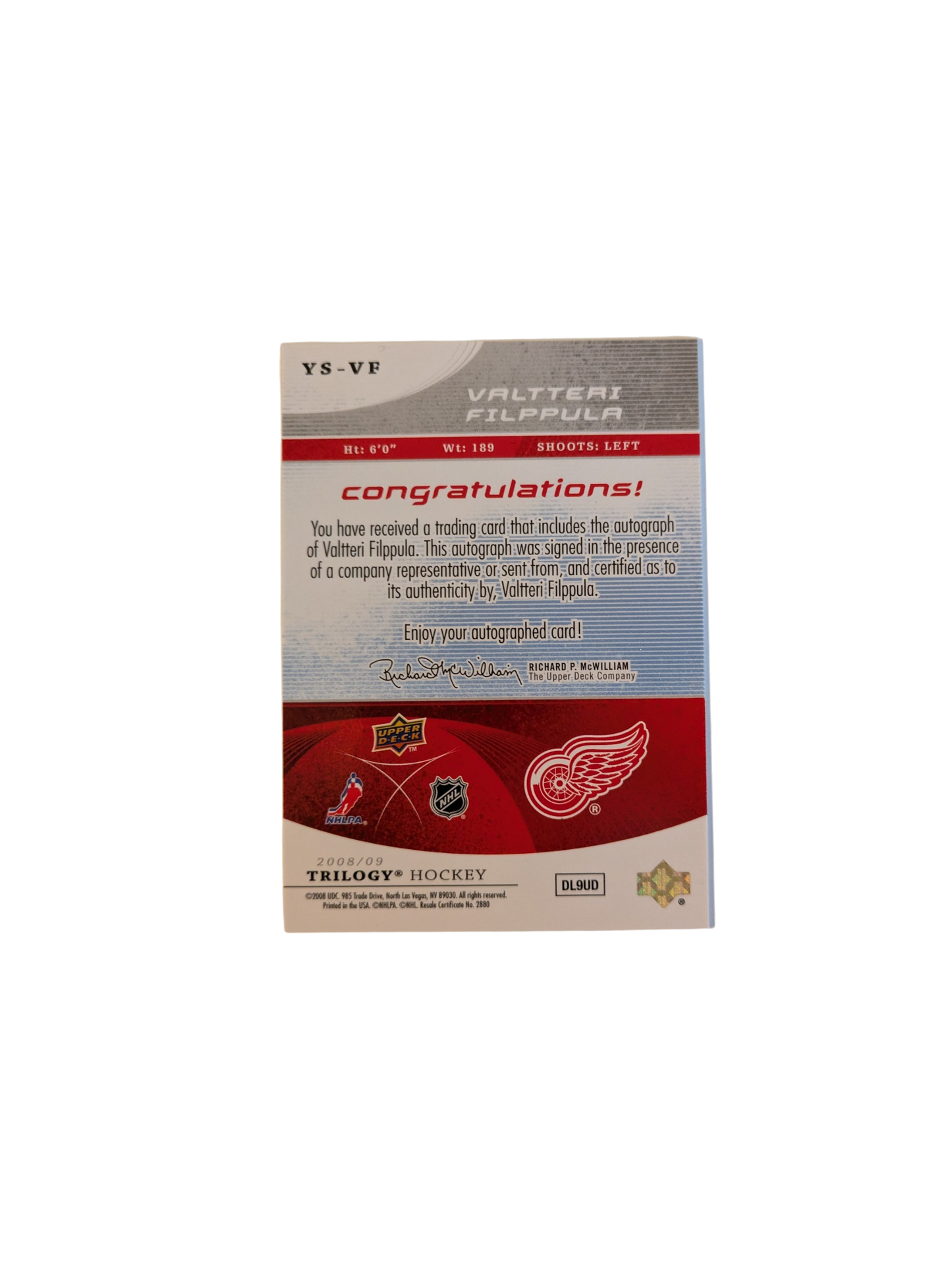 2008-09 Upper Deck Trilogy Hockey Detroit Red Wings Valterri Filppula Auto Card