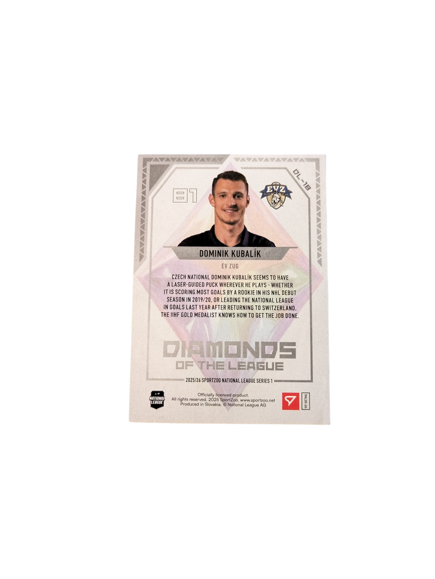 2026 SportZoo National League Diamonds Zug Dominik Kubalik 45/50 card