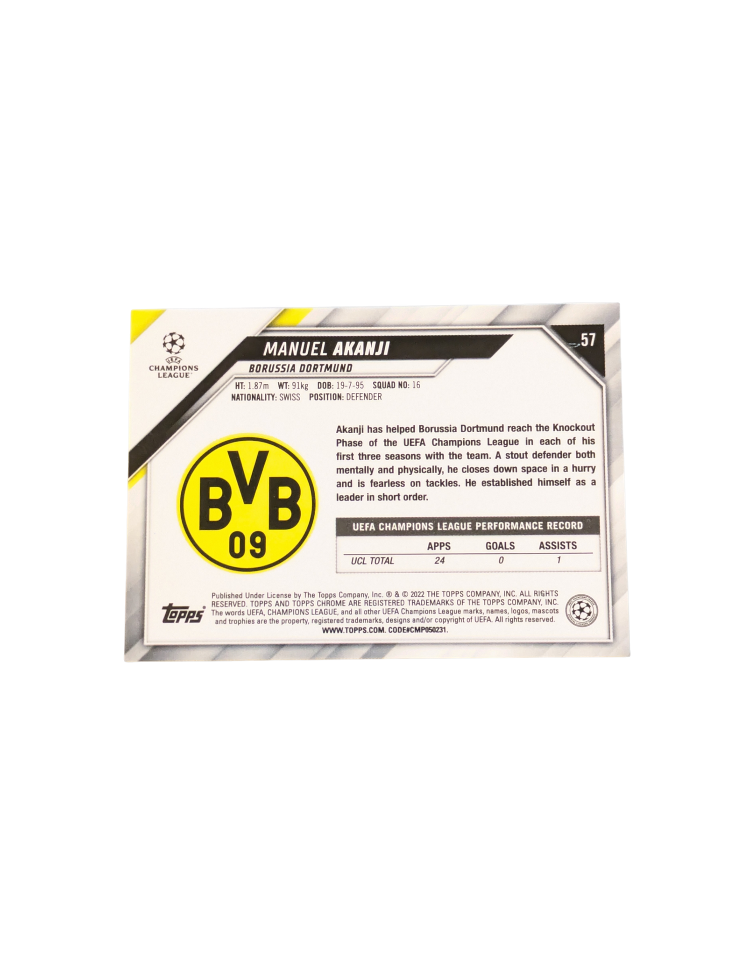 2020 Topps Chrome Borussia Dortmund Manuel Akanji #57 card