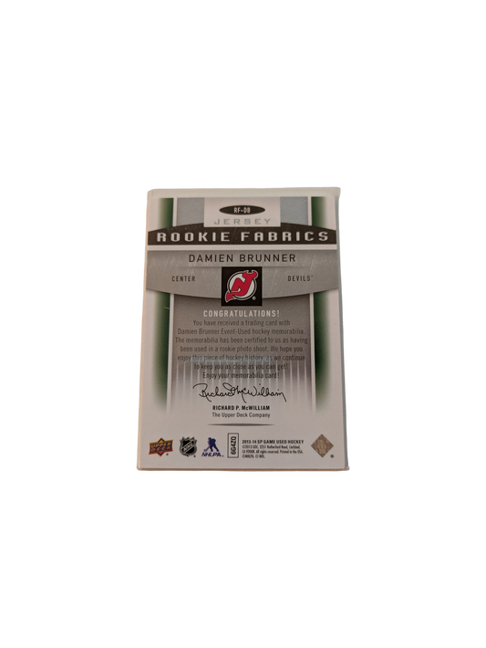 2013 Upper Deck Rookie Fabrics New Jersey Devils Damien Brunner Jersey Patch card
